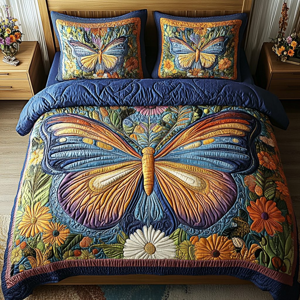 Starlight Meadow quilted 3-piece bedding set on a made bed with two matching pillow shams