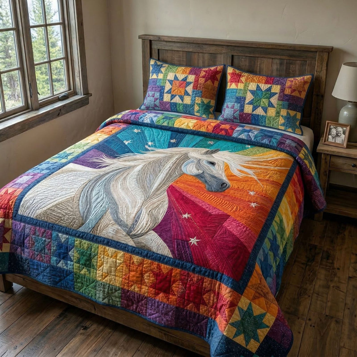 Starlight Stallion quilted 3-piece bedding set on a made bed in a rustic timber bedroom