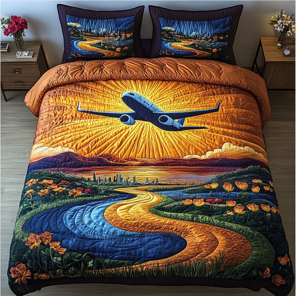 Starlit Airplane quilted 3-piece bedding set on a made bed with two matching pillow shams