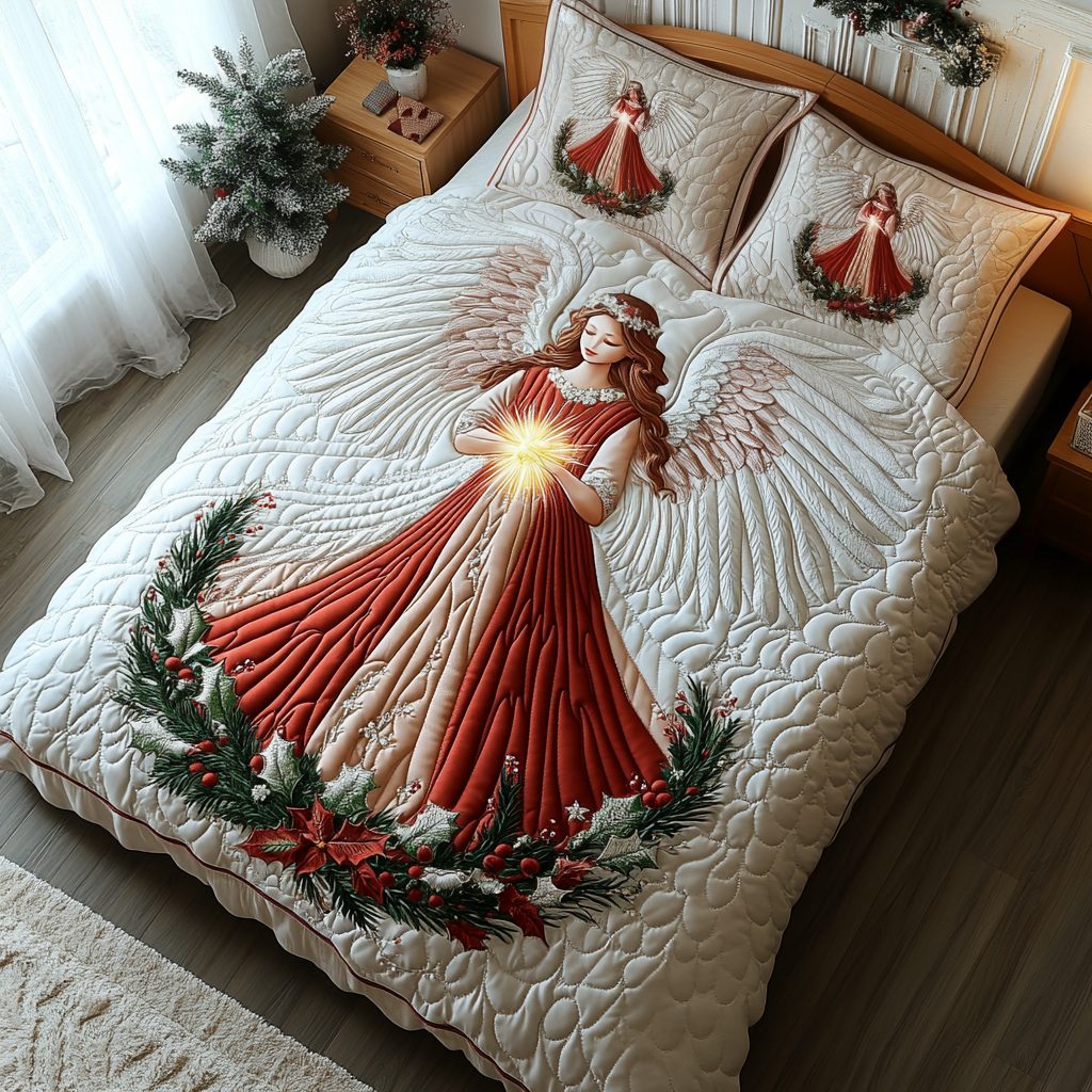 Starlit Blessings quilted 3-piece bedding set on a made bed with two matching pillow shams