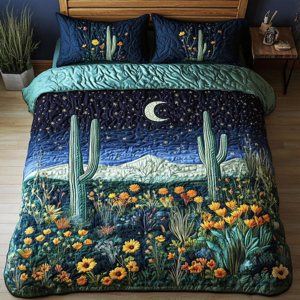 Starlit Cacti quilted 3-piece bedding set on a made bed with two matching pillow shams