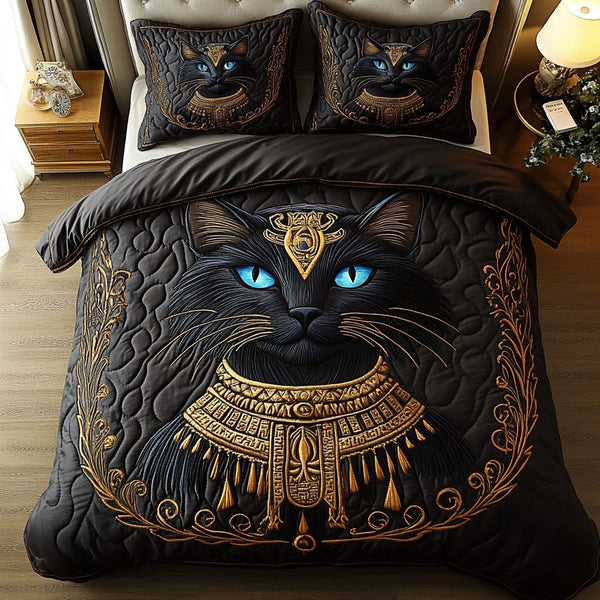 Starlit Cat quilted 3-piece bedding set on a made bed with two matching pillow shams