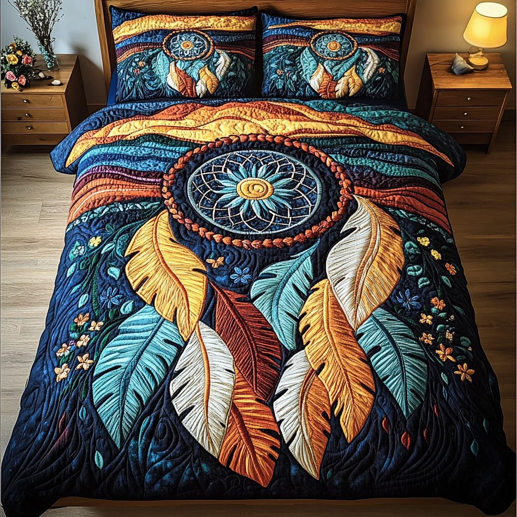 Starlit Catcher quilted 3-piece bedding set on a made bed with two matching pillow shams