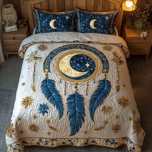 Starlit Catcher quilted 3-piece bedding set on a made bed with two matching pillow shams