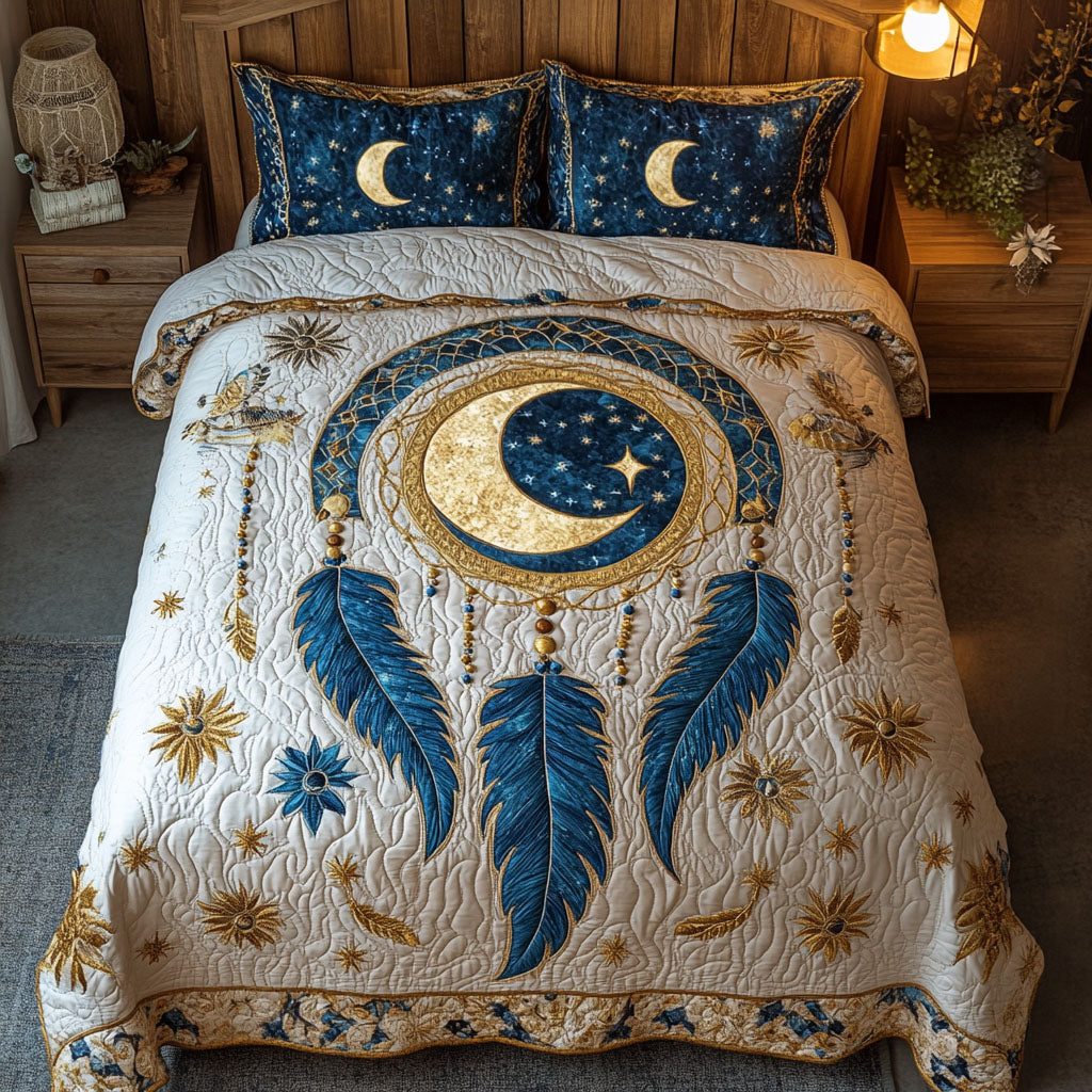 Starlit Catcher quilted 3-piece bedding set on a made bed with two matching pillow shams