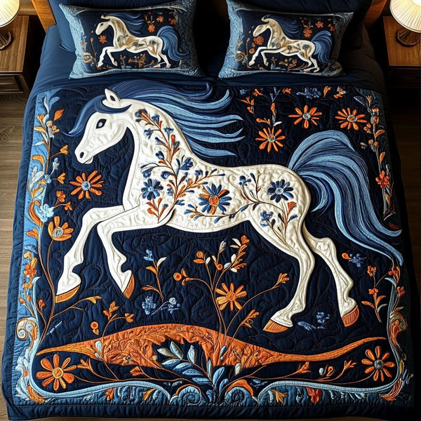 Starlit Gallop quilted 3-piece bedding set on a made bed with two matching pillow shams