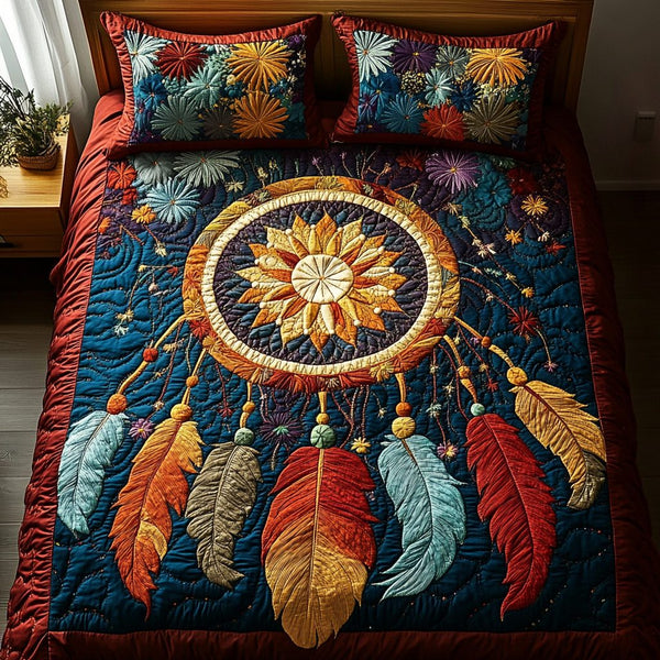 Starlit Guardian quilted 3-piece bedding set on a made bed with two matching pillow shams