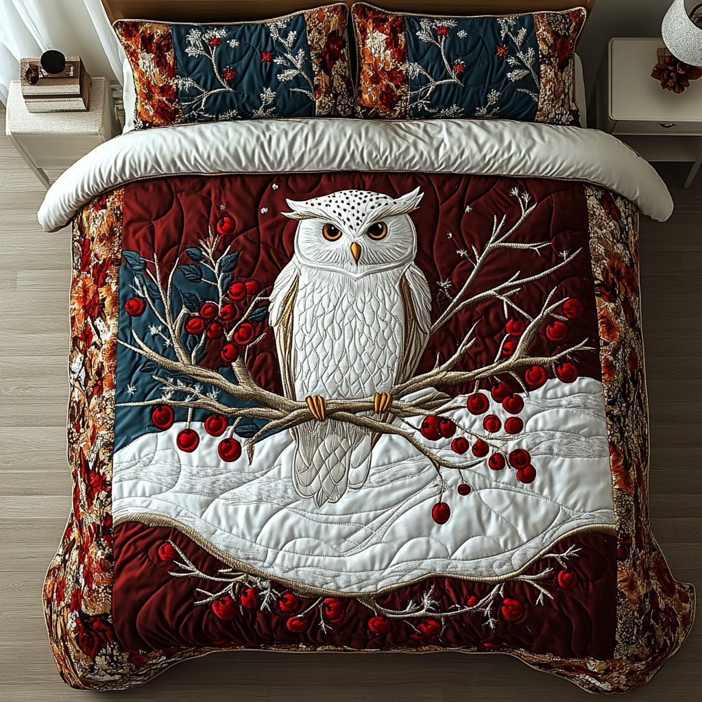 Starlit Owl quilted 3-piece bedding set on a made bed with two matching pillow shams