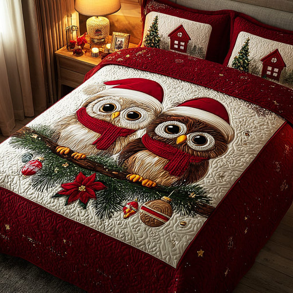 Starlit Owl quilted 3-piece bedding set on a made bed with two matching pillow shams