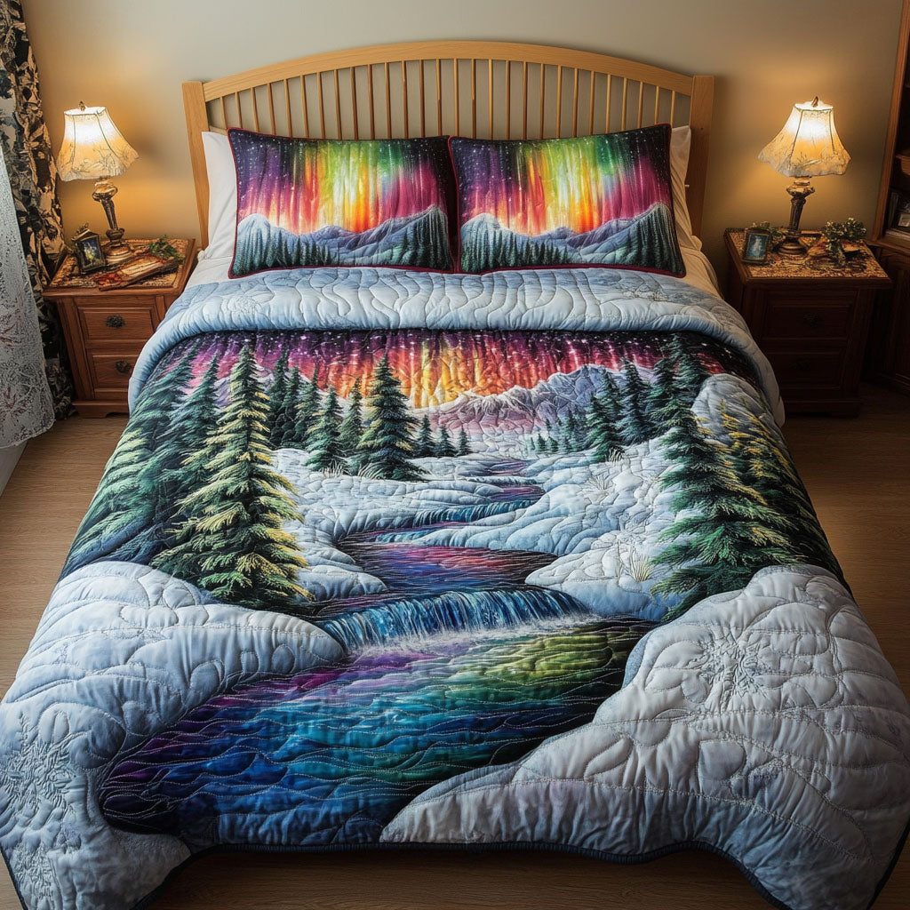 Starlit River quilted 3-piece bedding set on a made bed with two matching pillow shams