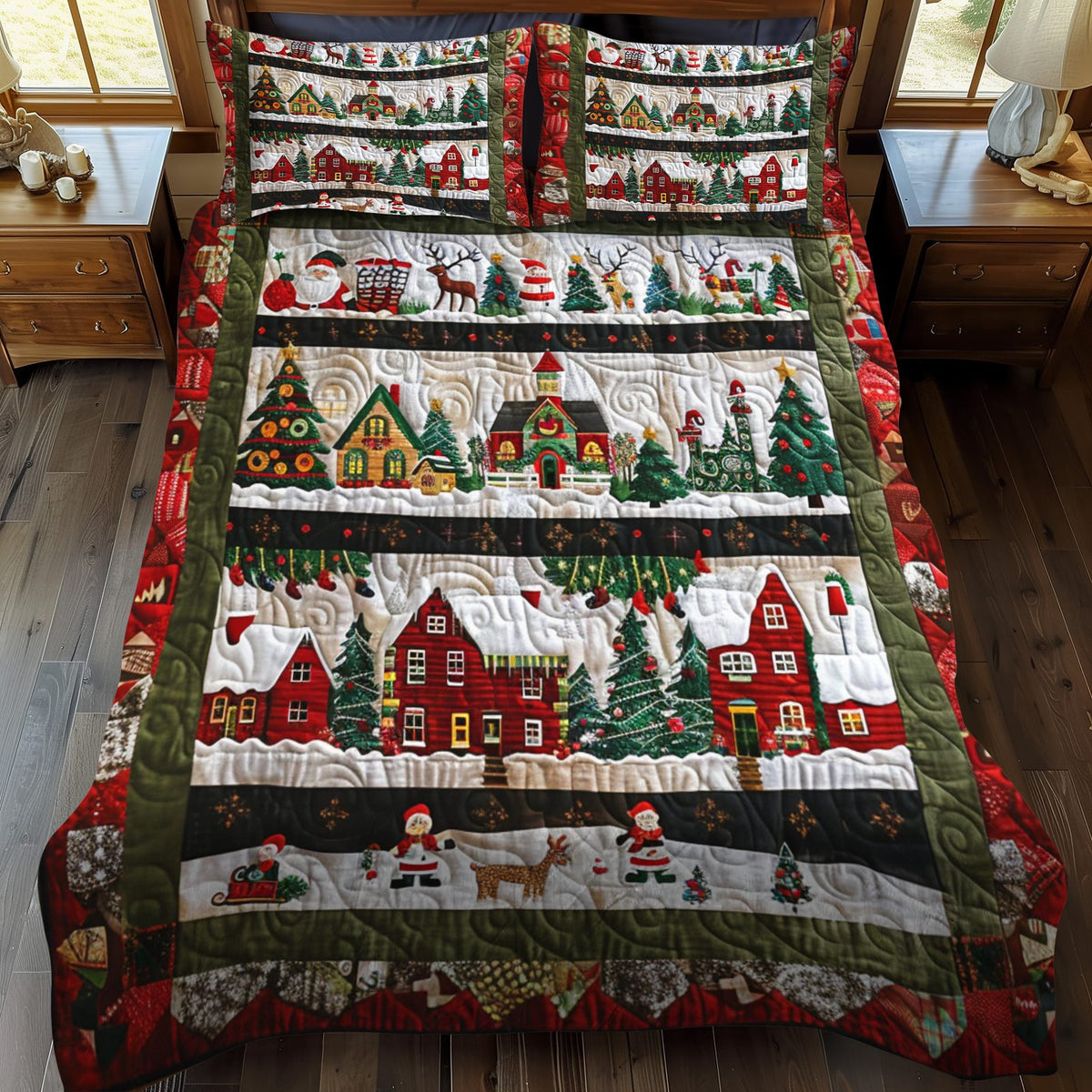 Starlit Santa quilted 3-piece bedding set on a made bed in a winter-styled bedroom