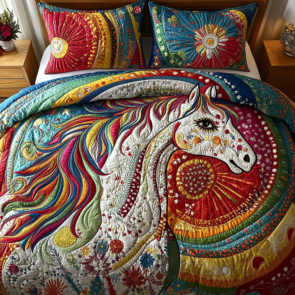 Starlit Stallion quilted 3-piece bedding set on a made bed in a rustic timber bedroom