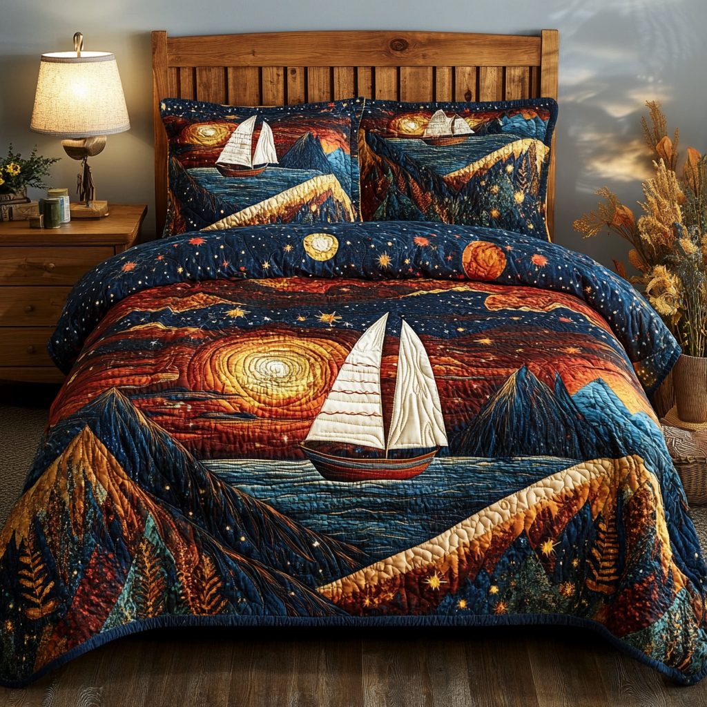Starlit Voyage quilted 3-piece bedding set on a made bed with two matching pillow shams