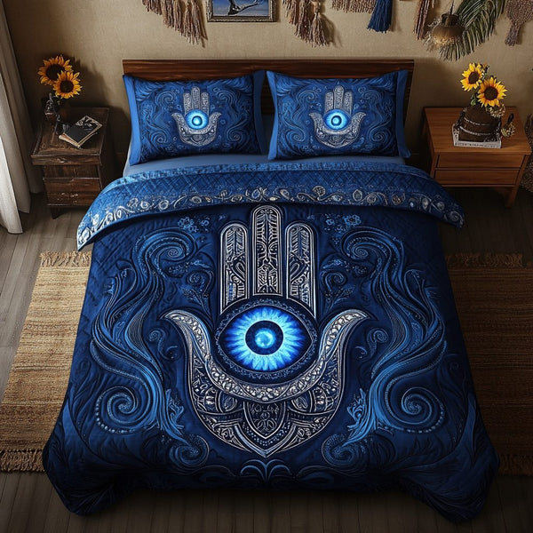 Starry Blessings quilted 3-piece bedding set on a made bed with two matching pillow shams
