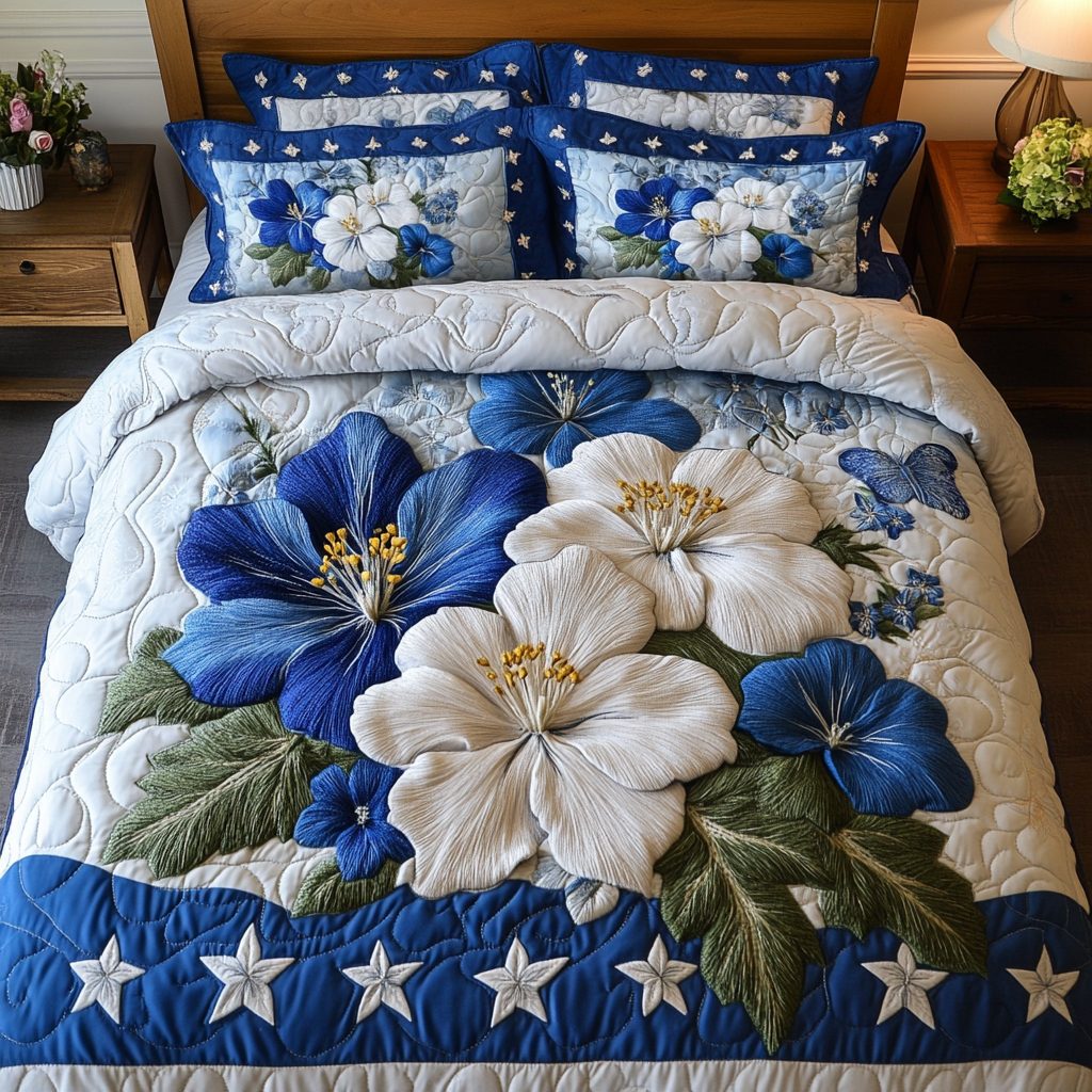 Starry Bloom quilted 3-piece bedding set on a made bed with two matching pillow shams