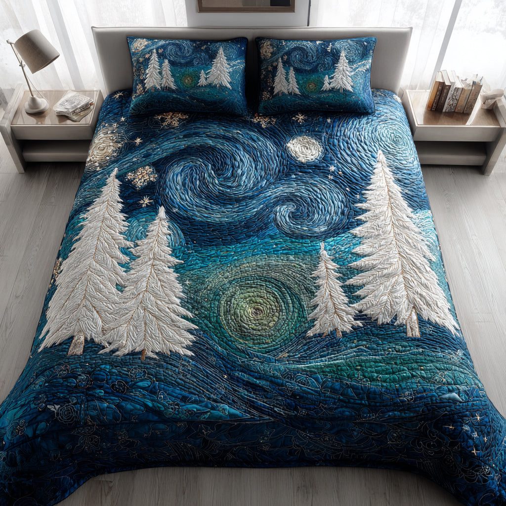 Starry Christmas Tree quilted 3-piece bedding set on a made bed in a winter-styled bedroom