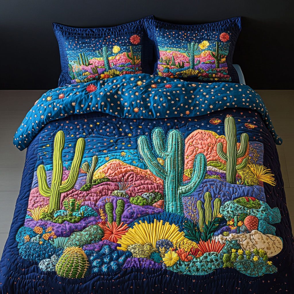 Starry Desert quilted 3-piece bedding set on a made bed with two matching pillow shams