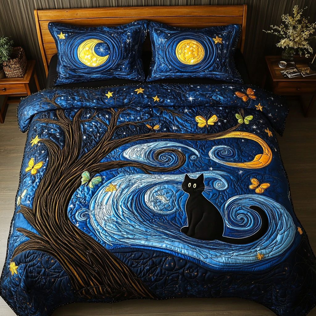 Starry-eyed Kitty quilted 3-piece bedding set on a made bed with two matching pillow shams