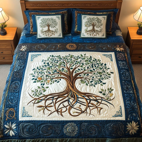 Starry Grove Enchantment quilted 3-piece bedding set on a made bed with two matching pillow shams