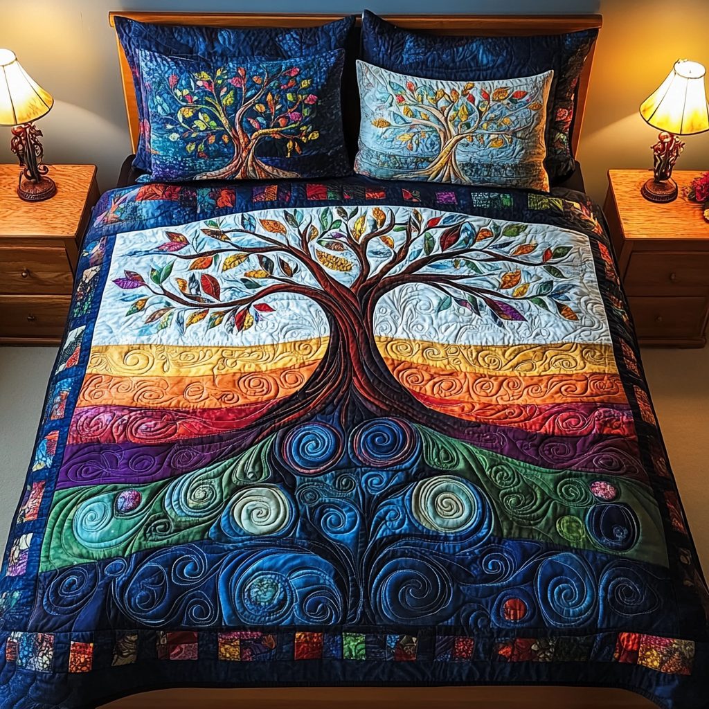 Starry Grove Enchantment quilted 3-piece bedding set on a made bed with two matching pillow shams
