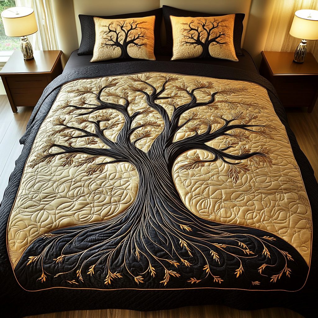 Starry Grove quilted 3-piece bedding set on a made bed with two matching pillow shams
