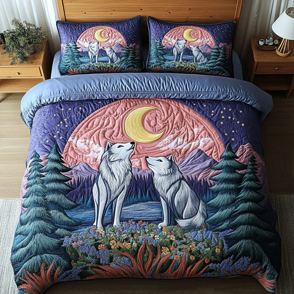 Starry Hunt quilted 3-piece bedding set on a made bed with two matching pillow shams