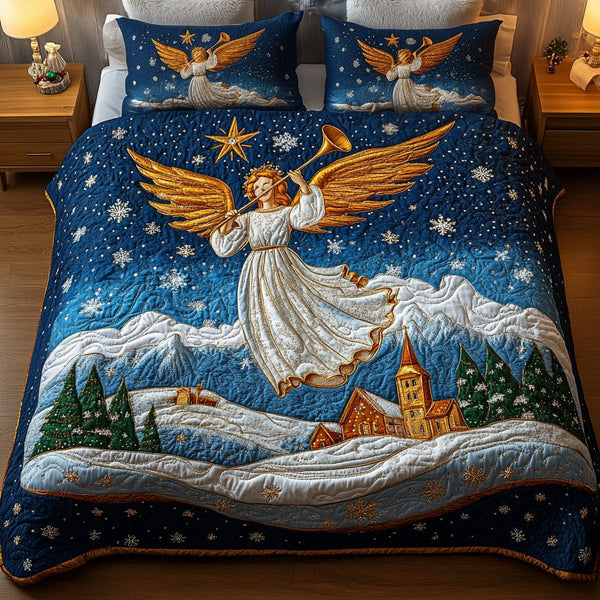 Starry Messenger quilted 3-piece bedding set on a made bed with two matching pillow shams