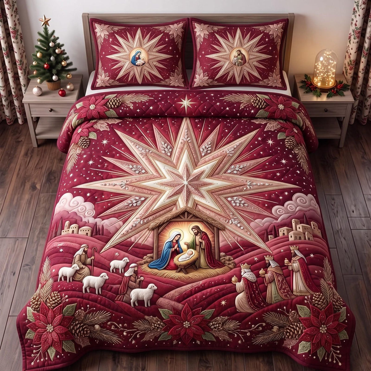 Starry Nativity quilted 3-piece bedding set on a made bed in a winter-styled bedroom