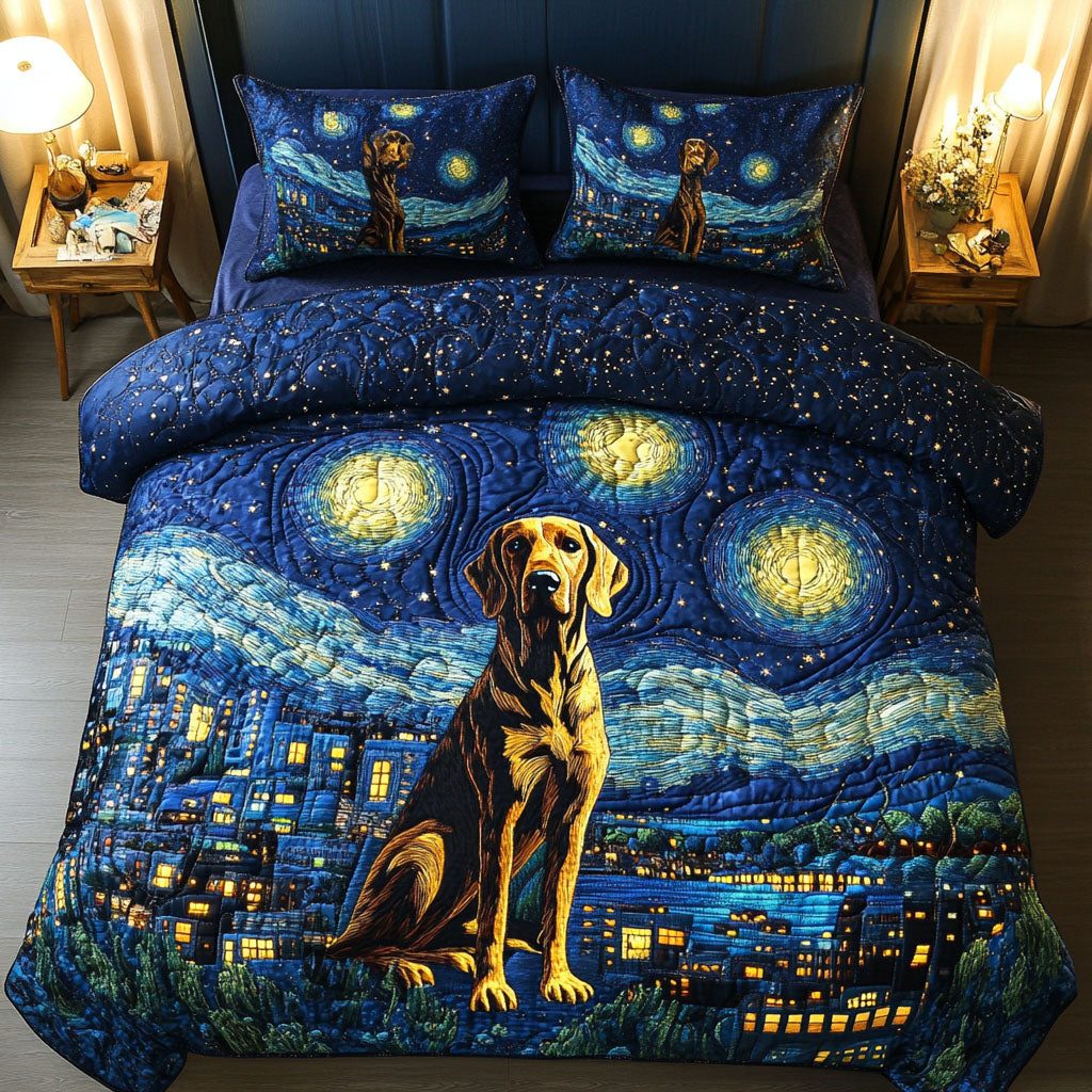 Starry Night GSP quilted 3-piece bedding set on a made bed with two matching pillow shams