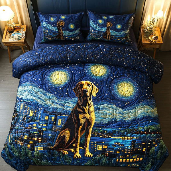 Starry Night GSP quilted 3-piece bedding set on a made bed with two matching pillow shams