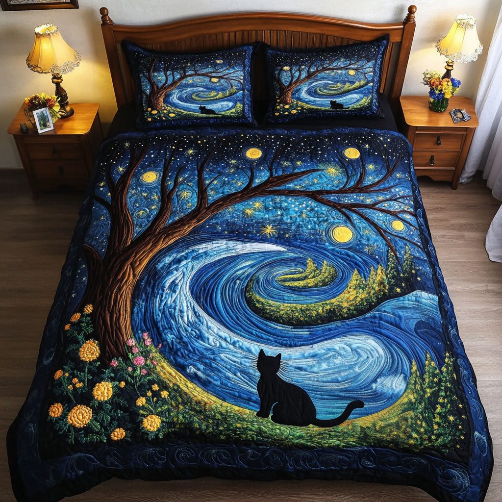 Starry Night Paws quilted 3-piece bedding set on a made bed with two matching pillow shams