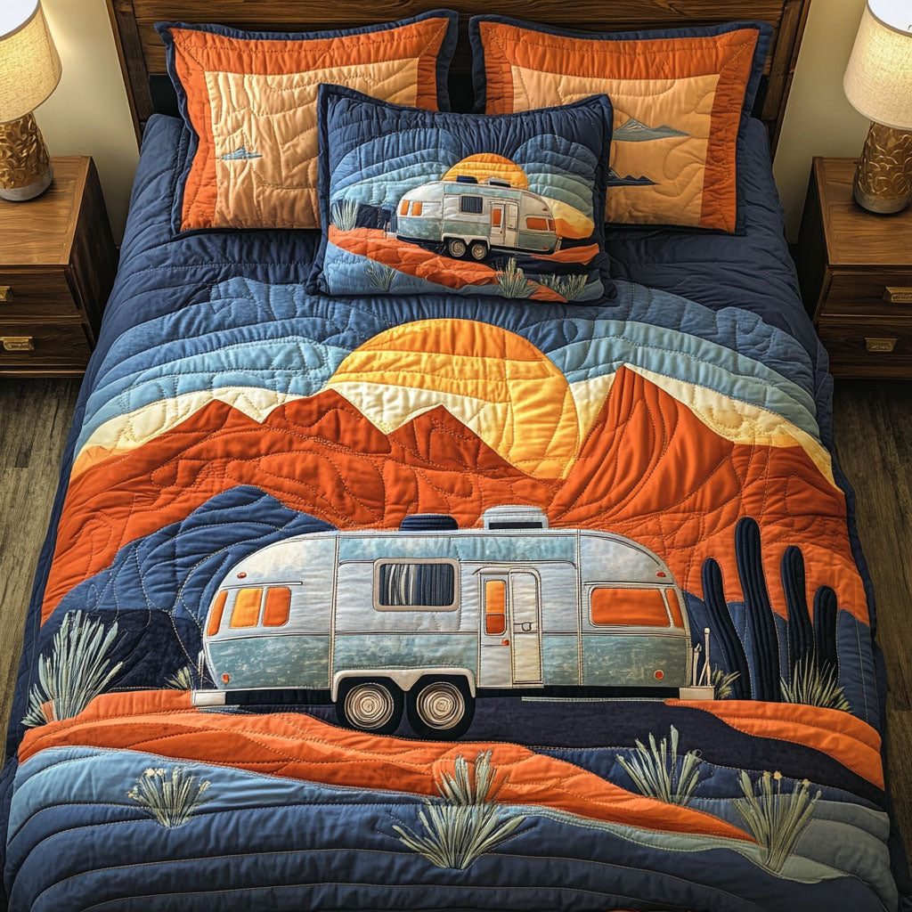 Starry Night Road quilted 3-piece bedding set on a made bed with two matching pillow shams