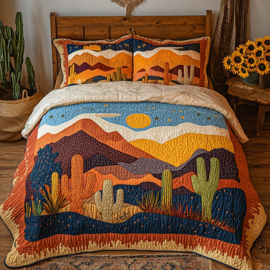 Starry Oasis quilted 3-piece bedding set on a made bed with two matching pillow shams