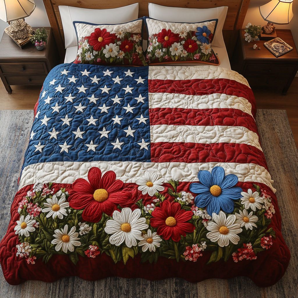 Starry Red Poppies quilted 3-piece bedding set on a made bed with two matching pillow shams