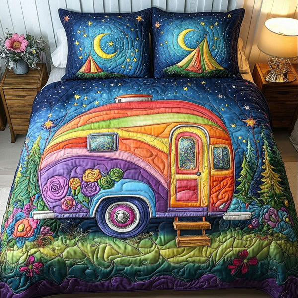 Starry Ride quilted 3-piece bedding set on a made bed with two matching pillow shams