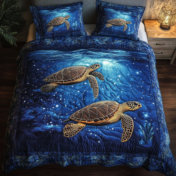 Starry Sea Turtles quilted 3-piece bedding set on a made bed in a light coastal bedroom