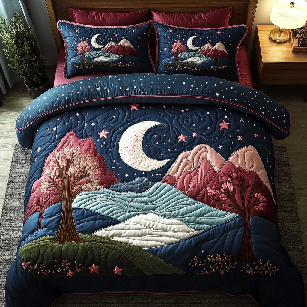 Starry Serenity quilted 3-piece bedding set on a made bed with two matching pillow shams