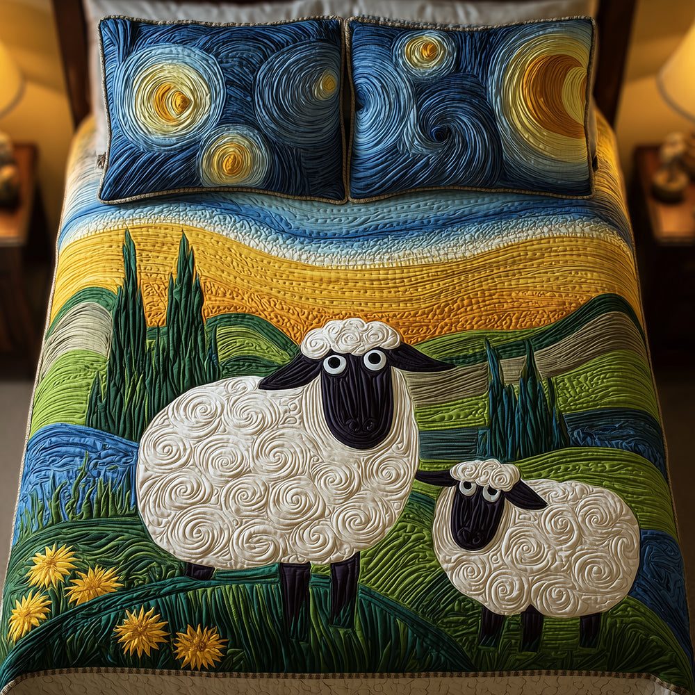 Starry Sheep quilted 3-piece bedding set on a made bed with two matching pillow shams