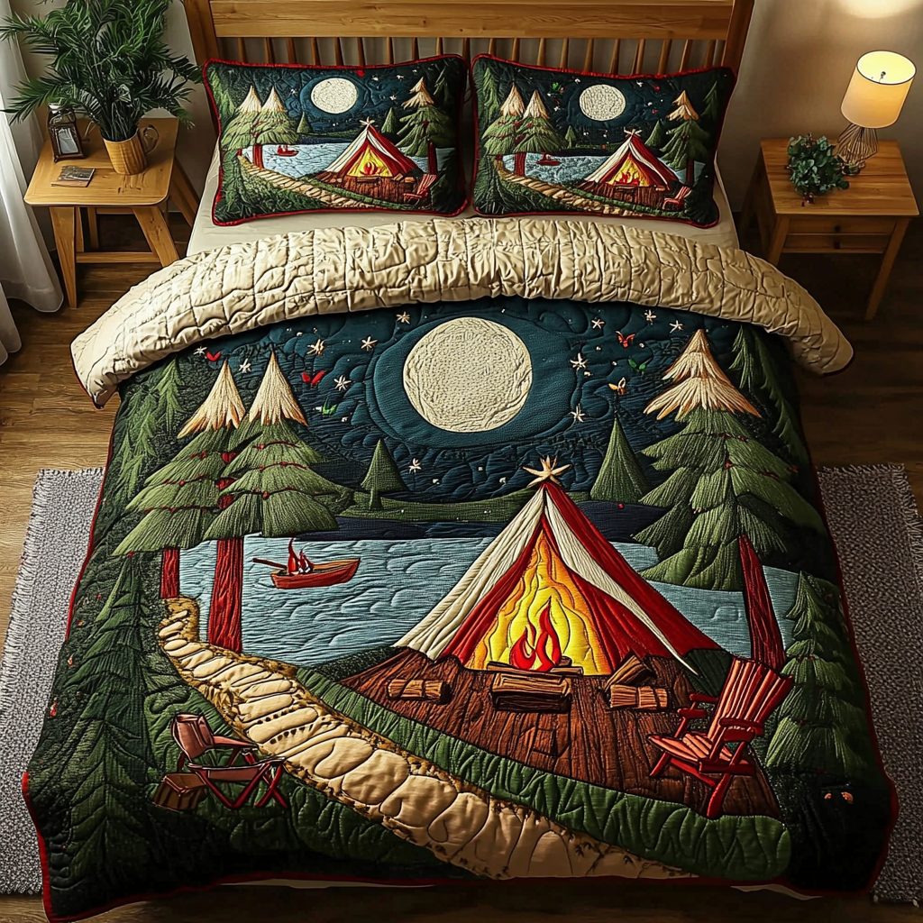 Starry Sky Campsite quilted 3-piece bedding set on a made bed with two matching pillow shams