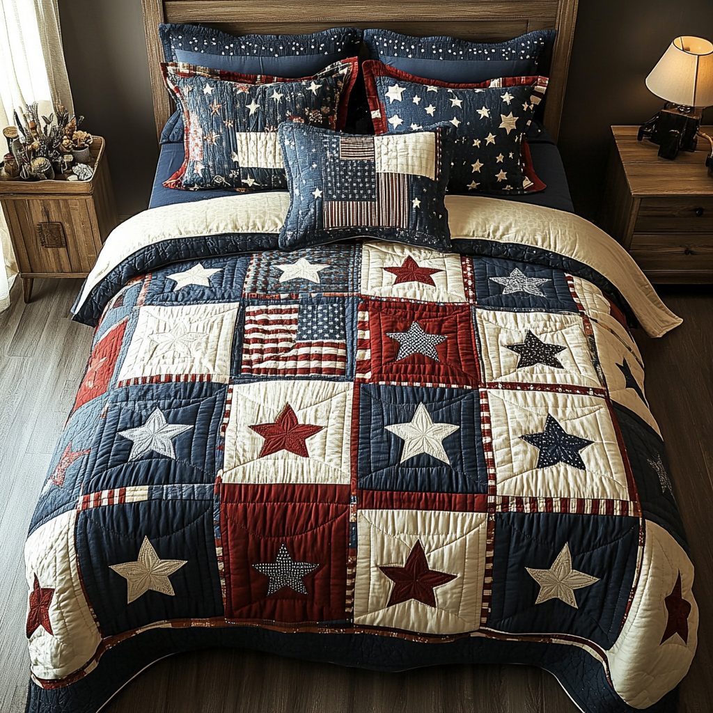 Starry Sleep quilted 3-piece bedding set on a made bed with two matching pillow shams