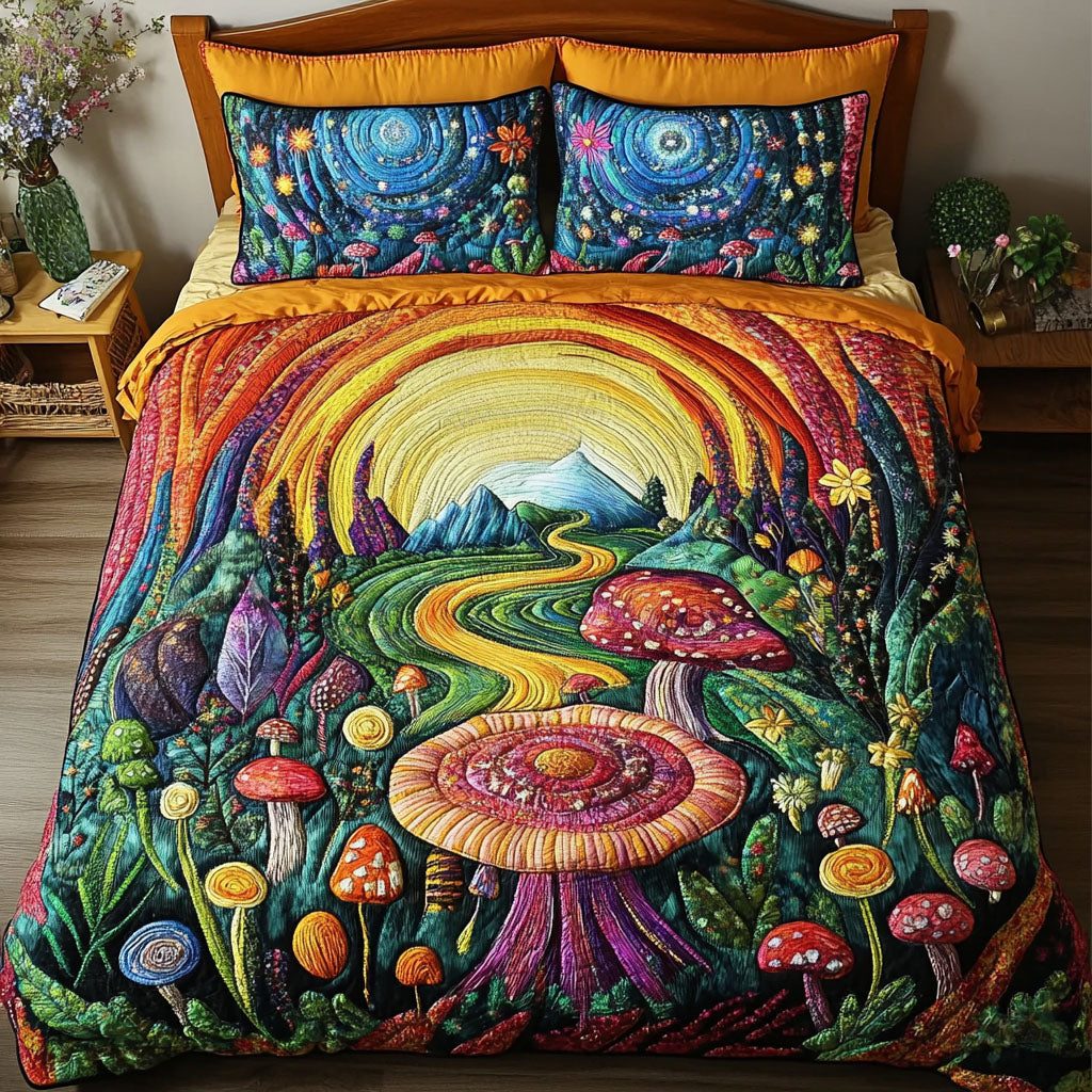 Starry Sporeland quilted 3-piece bedding set on a made bed with two matching pillow shams