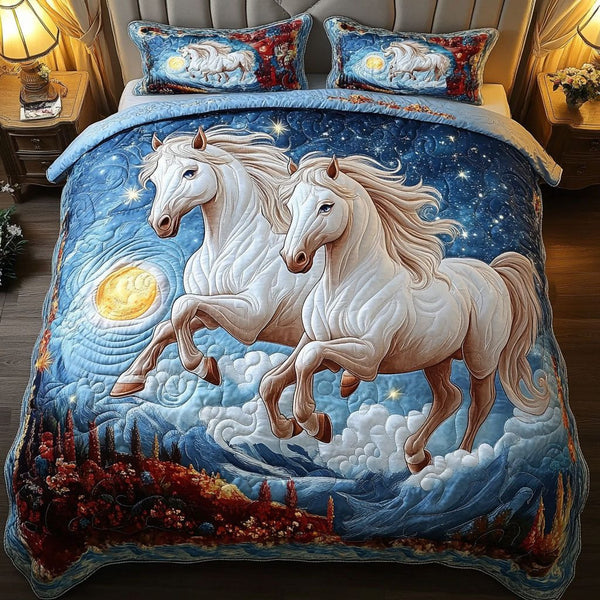 Starry Stallions quilted 3-piece bedding set on a made bed in a rustic timber bedroom