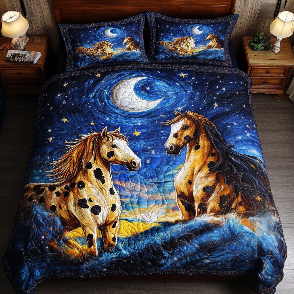 Starry Stallions quilted 3-piece bedding set on a made bed in a rustic timber bedroom