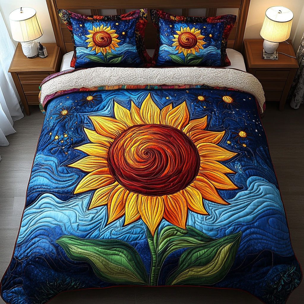 Starry Sunburst quilted 3-piece bedding set on a made bed with two matching pillow shams