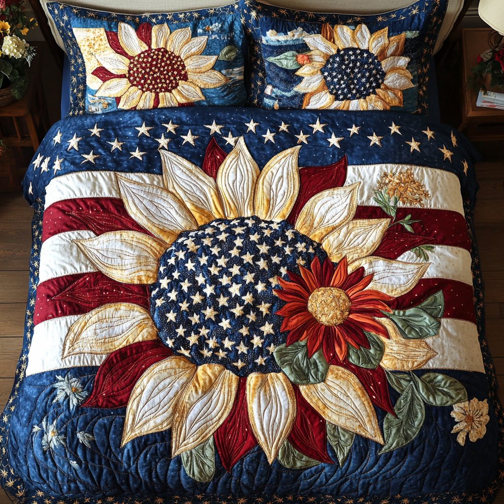 Starry Sunflower quilted 3-piece bedding set on a made bed with two matching pillow shams