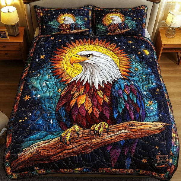 Starry Watch quilted 3-piece bedding set on a made bed with two matching pillow shams