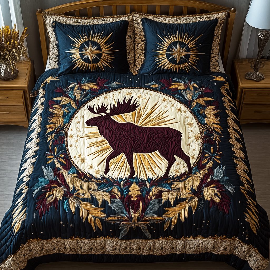 Starry Woods quilted 3-piece bedding set on a made bed with two matching pillow shams