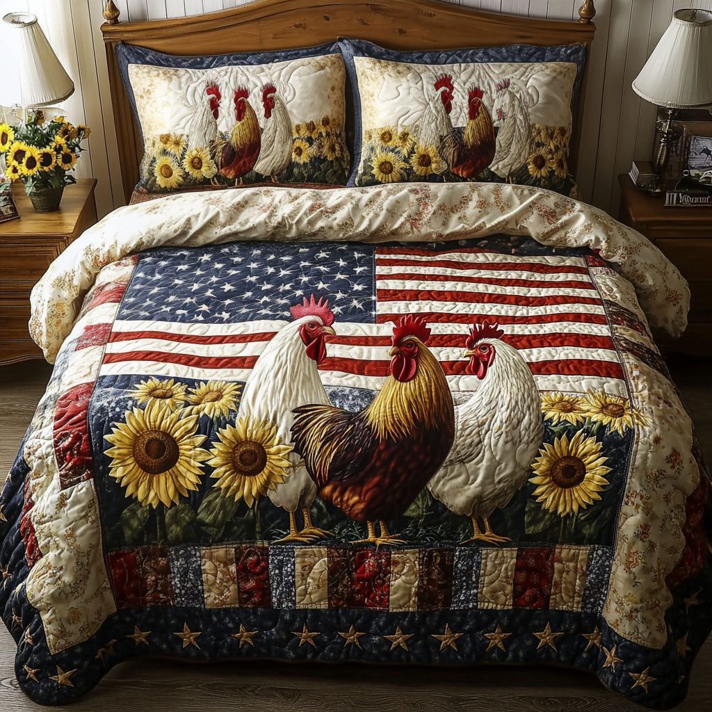 Stars and Feathers quilted 3-piece bedding set on a made bed with two matching pillow shams
