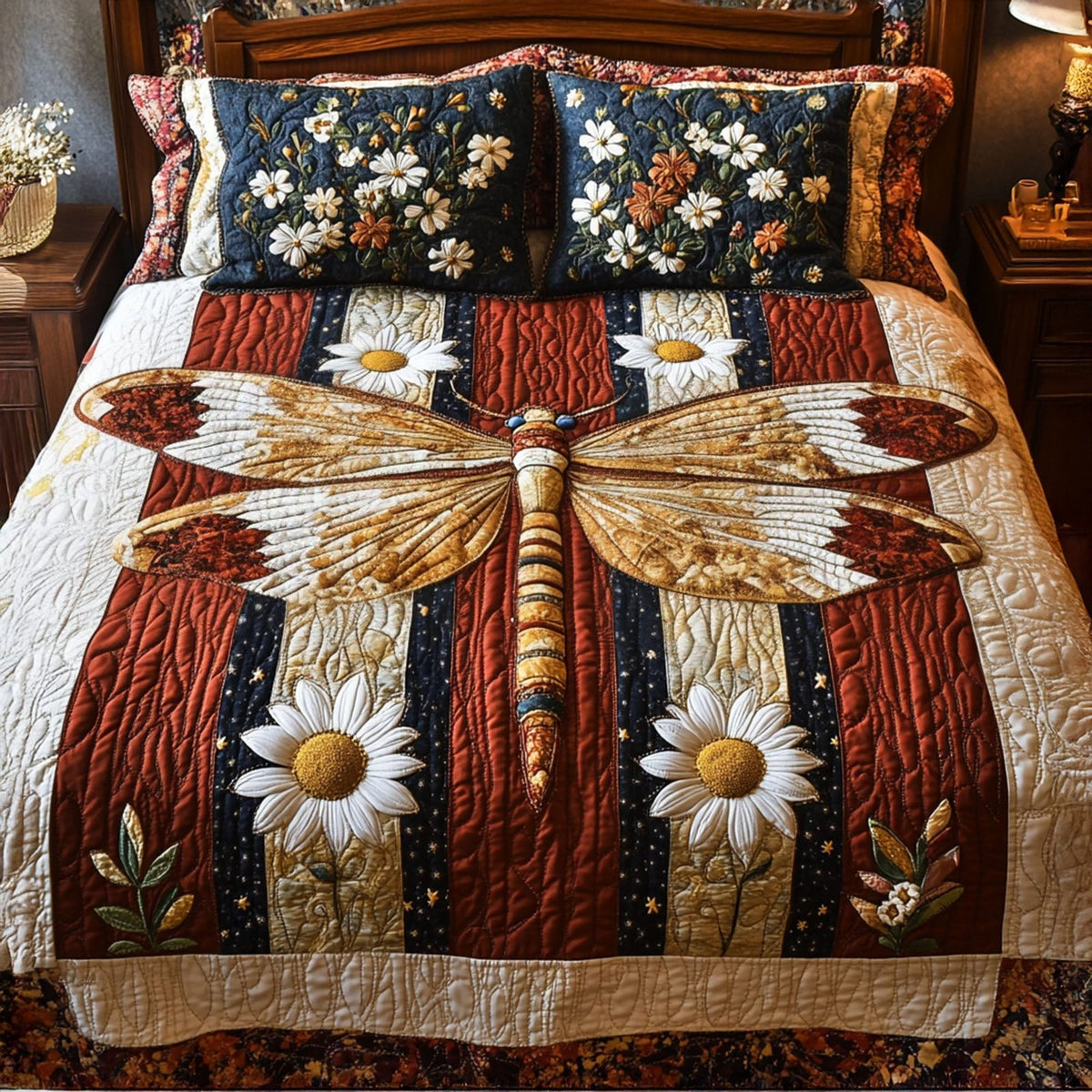Stars and Stripes Flight quilted 3-piece bedding set on a made bed with two matching pillow shams