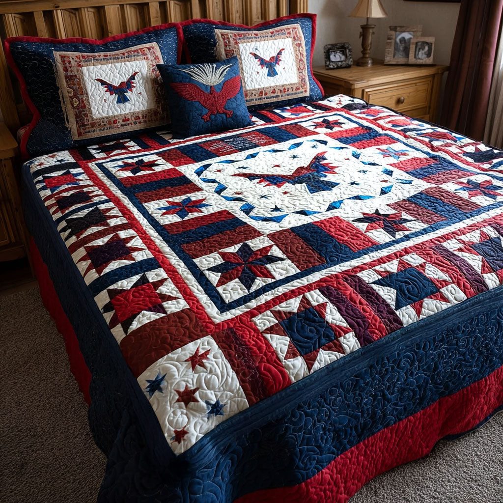 Stars and Stripes Soar quilted 3-piece bedding set on a made bed with two matching pillow shams